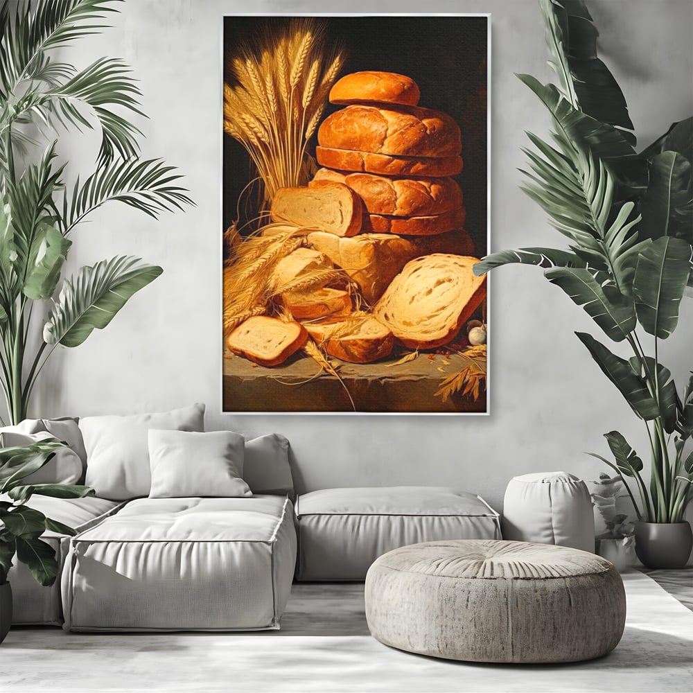 Tablou canvas cu natura moarta cu paine si grau, in rama de aluminiu argintiu, pe perete intr-un living
